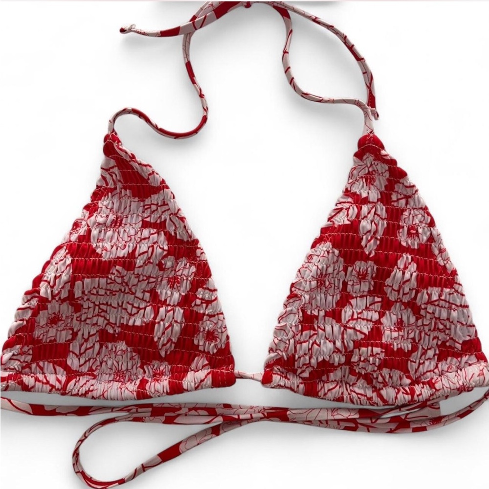 Red and White Floral Bikini Top